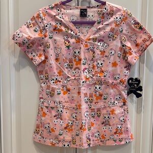 Pink Cartoon Print Scrub Top